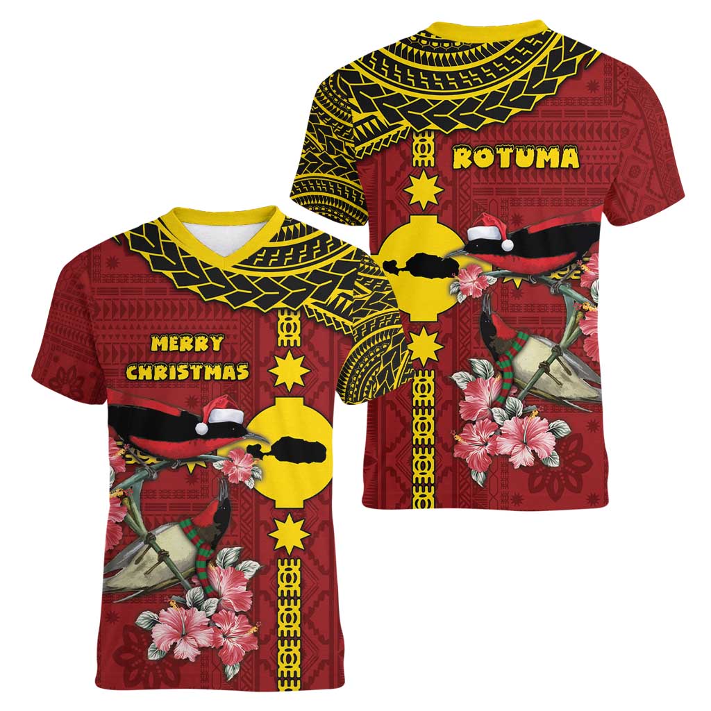 Rotuma Christmas Women V-Neck T-Shirt Rotuma Myzomela Birds With Hibiscus Flowers - Polynesian Pride