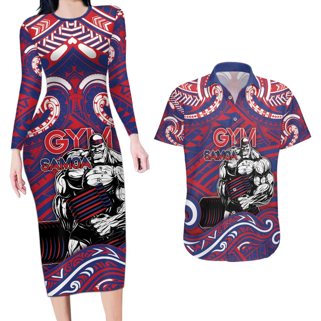 Personalised Samoa Gym Couples Matching Long Sleeve Bodycon Dress and Hawaiian Shirt Muscle Samoan Tribal Waves DT05 Navy - Polynesian Pride