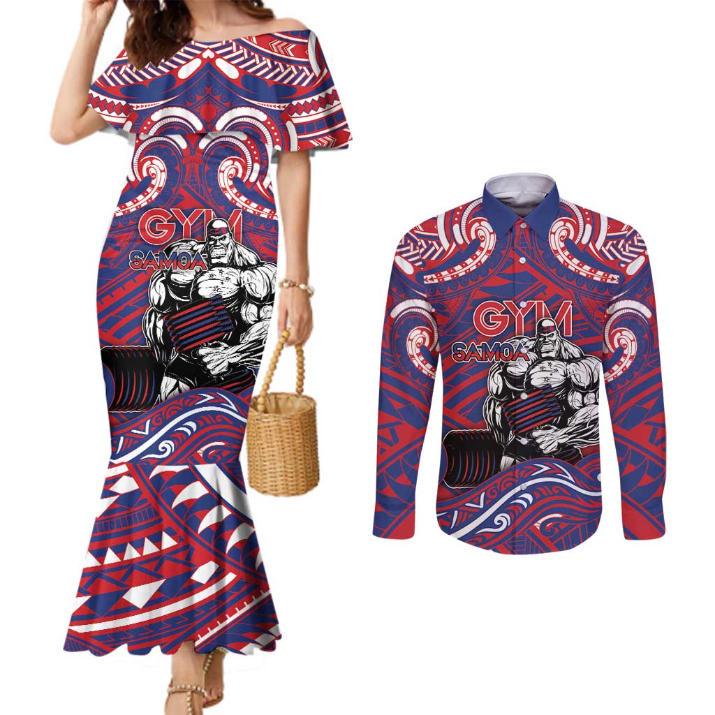 Personalised Samoa Gym Couples Matching Mermaid Dress and Long Sleeve Button Shirt Muscle Samoan Tribal Waves DT05 Navy - Polynesian Pride