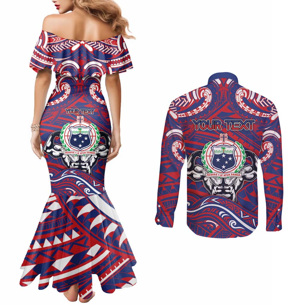 Personalised Samoa Gym Couples Matching Mermaid Dress and Long Sleeve Button Shirt Muscle Samoan Tribal Waves DT05 - Polynesian Pride