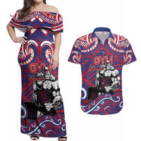 Personalised Samoa Gym Couples Matching Off Shoulder Maxi Dress and Hawaiian Shirt Muscle Samoan Tribal Waves - Polynesian Pride