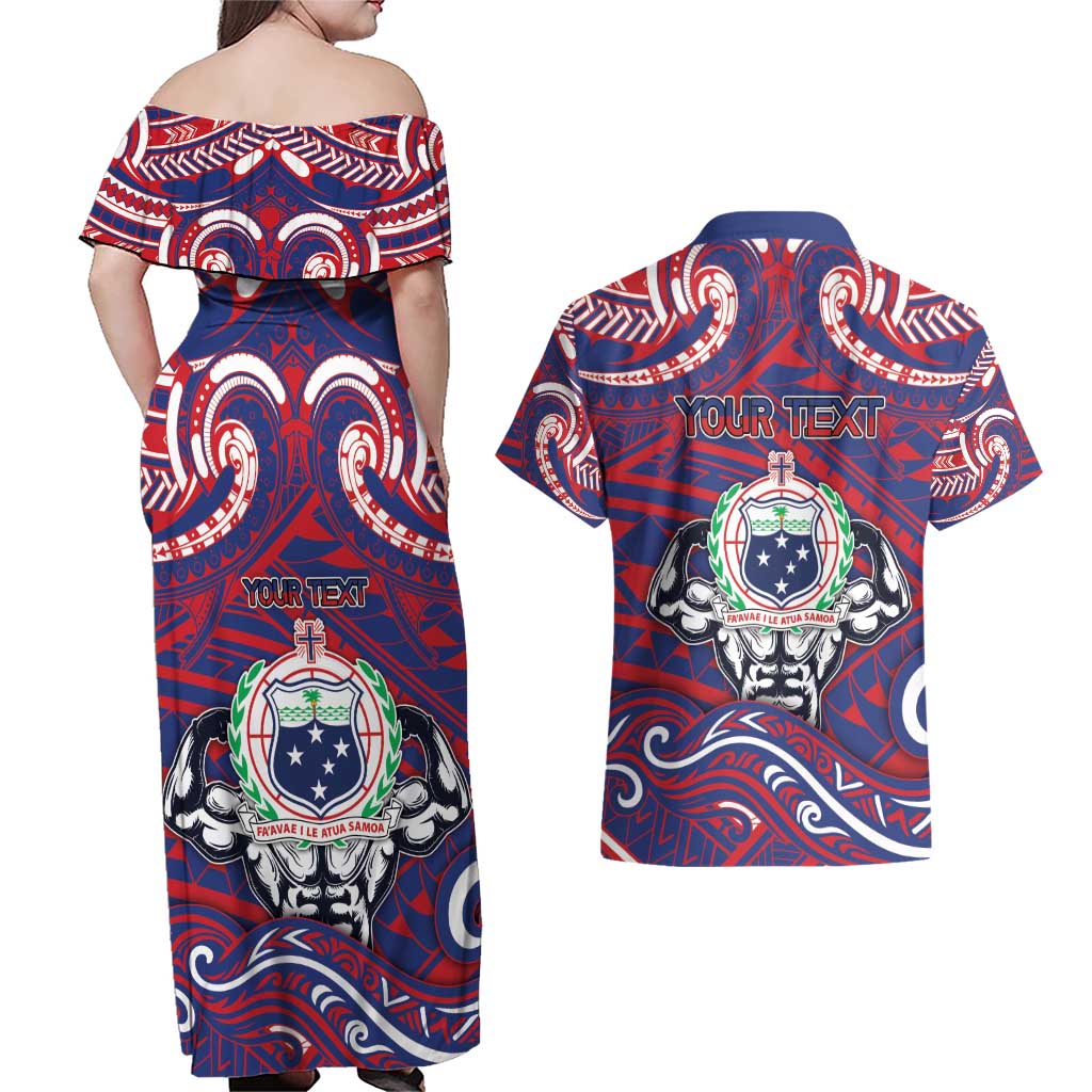 Personalised Samoa Gym Couples Matching Off Shoulder Maxi Dress and Hawaiian Shirt Muscle Samoan Tribal Waves - Polynesian Pride