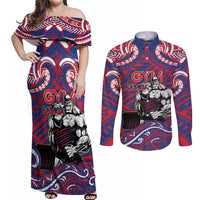 Personalised Samoa Gym Couples Matching Off Shoulder Maxi Dress and Long Sleeve Button Shirt Muscle Samoan Tribal Waves DT05 Navy - Polynesian Pride