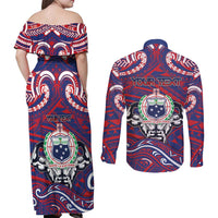 Personalised Samoa Gym Couples Matching Off Shoulder Maxi Dress and Long Sleeve Button Shirt Muscle Samoan Tribal Waves DT05 - Polynesian Pride
