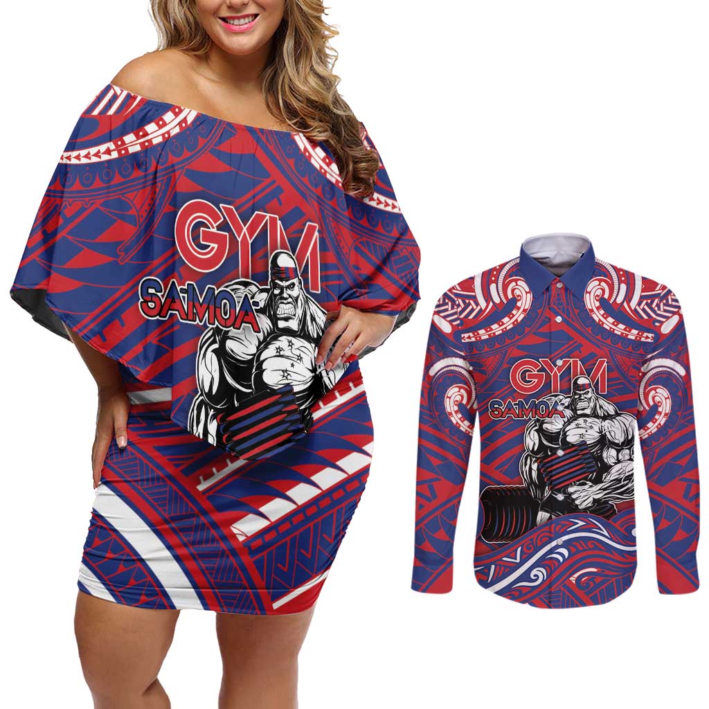 Personalised Samoa Gym Couples Matching Off Shoulder Short Dress and Long Sleeve Button Shirt Muscle Samoan Tribal Waves DT05 Navy - Polynesian Pride