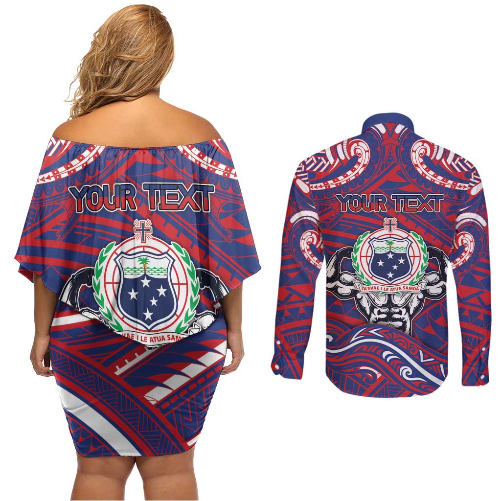 Personalised Samoa Gym Couples Matching Off Shoulder Short Dress and Long Sleeve Button Shirt Muscle Samoan Tribal Waves - Polynesian Pride