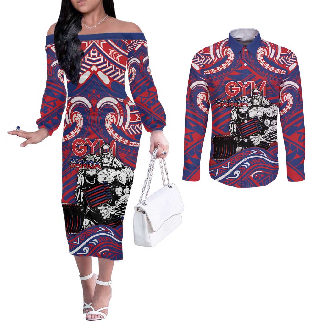 Personalised Samoa Gym Couples Matching Off The Shoulder Long Sleeve Dress and Long Sleeve Button Shirt Muscle Samoan Tribal Waves - Polynesian Pride