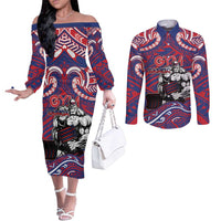Personalised Samoa Gym Couples Matching Off The Shoulder Long Sleeve Dress and Long Sleeve Button Shirt Muscle Samoan Tribal Waves - Polynesian Pride