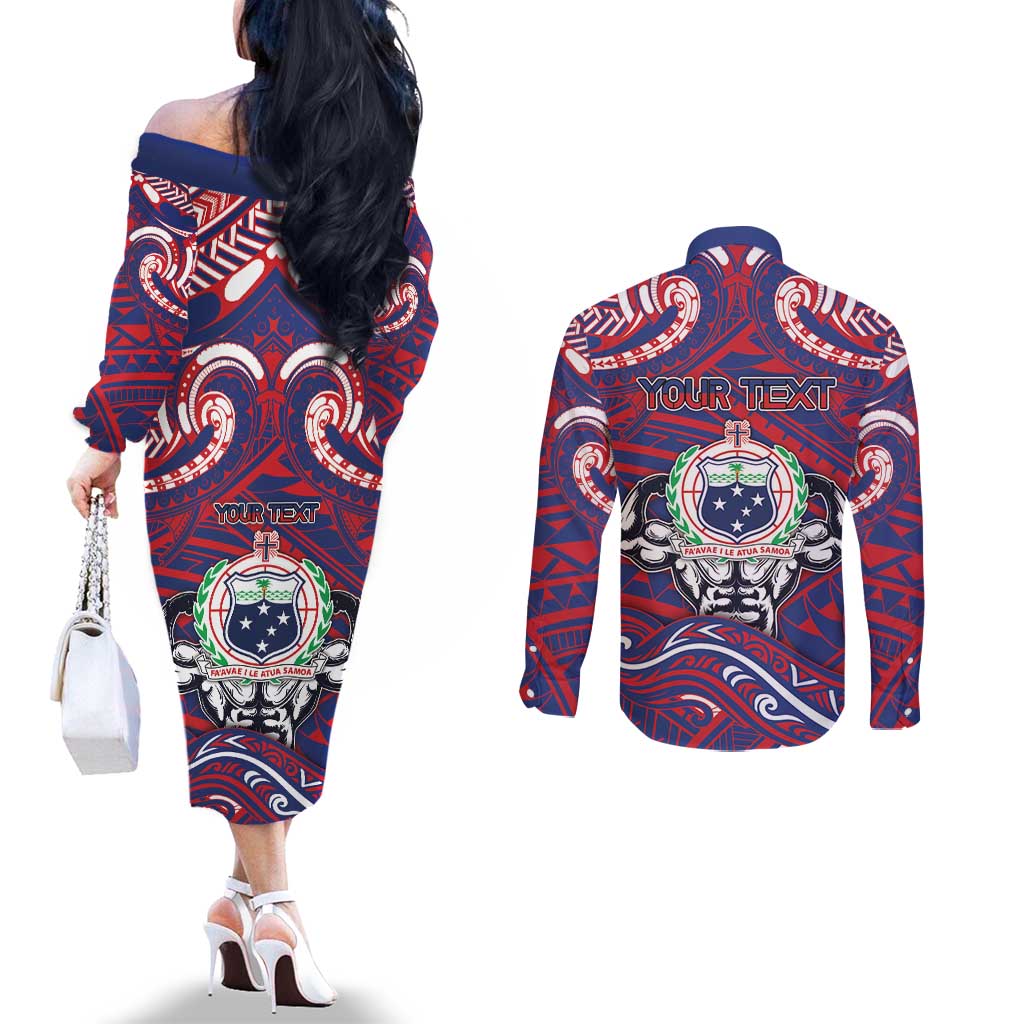 Personalised Samoa Gym Couples Matching Off The Shoulder Long Sleeve Dress and Long Sleeve Button Shirt Muscle Samoan Tribal Waves - Polynesian Pride
