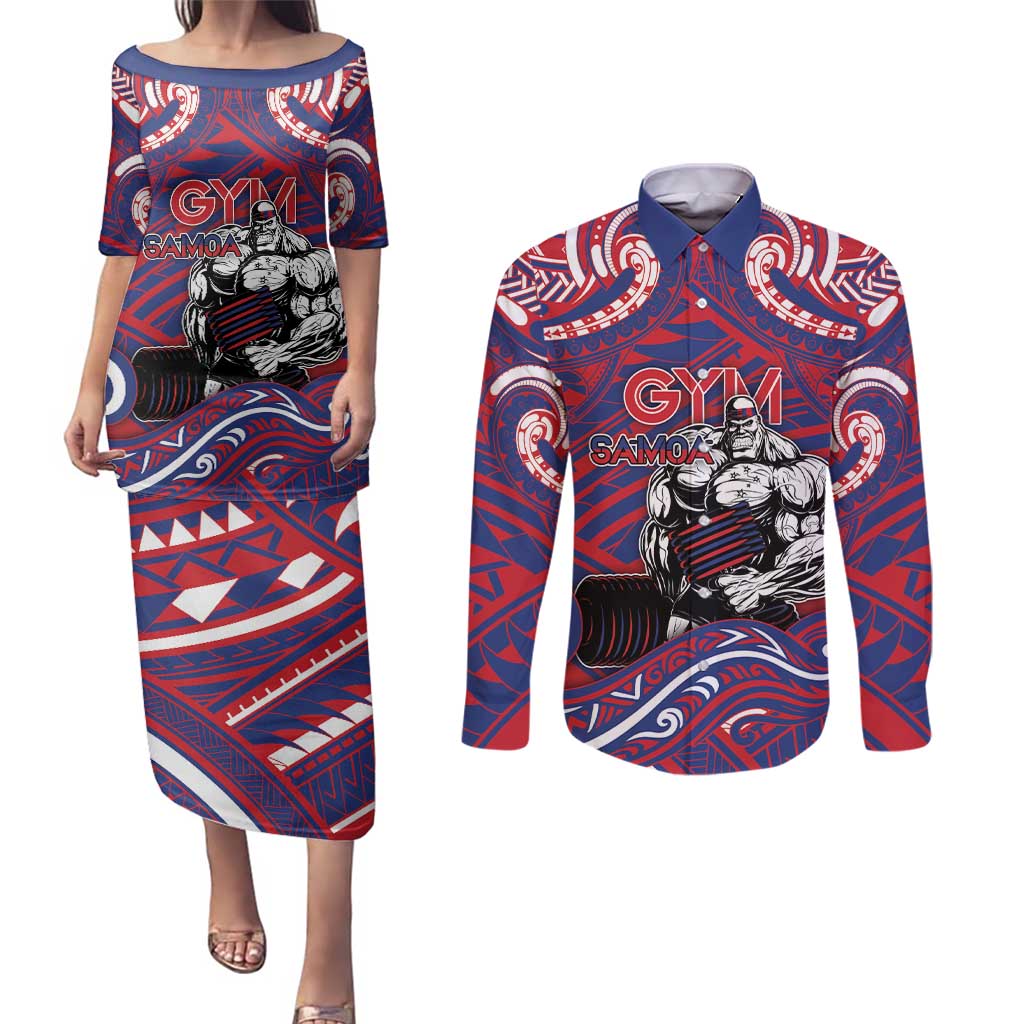 Personalised Samoa Gym Couples Matching Puletasi and Long Sleeve Button Shirt Muscle Samoan Tribal Waves DT05 Navy - Polynesian Pride