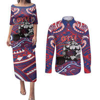 Personalised Samoa Gym Couples Matching Puletasi and Long Sleeve Button Shirt Muscle Samoan Tribal Waves DT05 Navy - Polynesian Pride