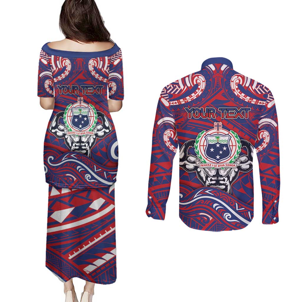 Personalised Samoa Gym Couples Matching Puletasi and Long Sleeve Button Shirt Muscle Samoan Tribal Waves DT05 - Polynesian Pride