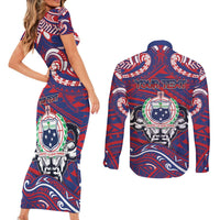 Personalised Samoa Gym Couples Matching Short Sleeve Bodycon Dress and Long Sleeve Button Shirt Muscle Samoan Tribal Waves - Polynesian Pride