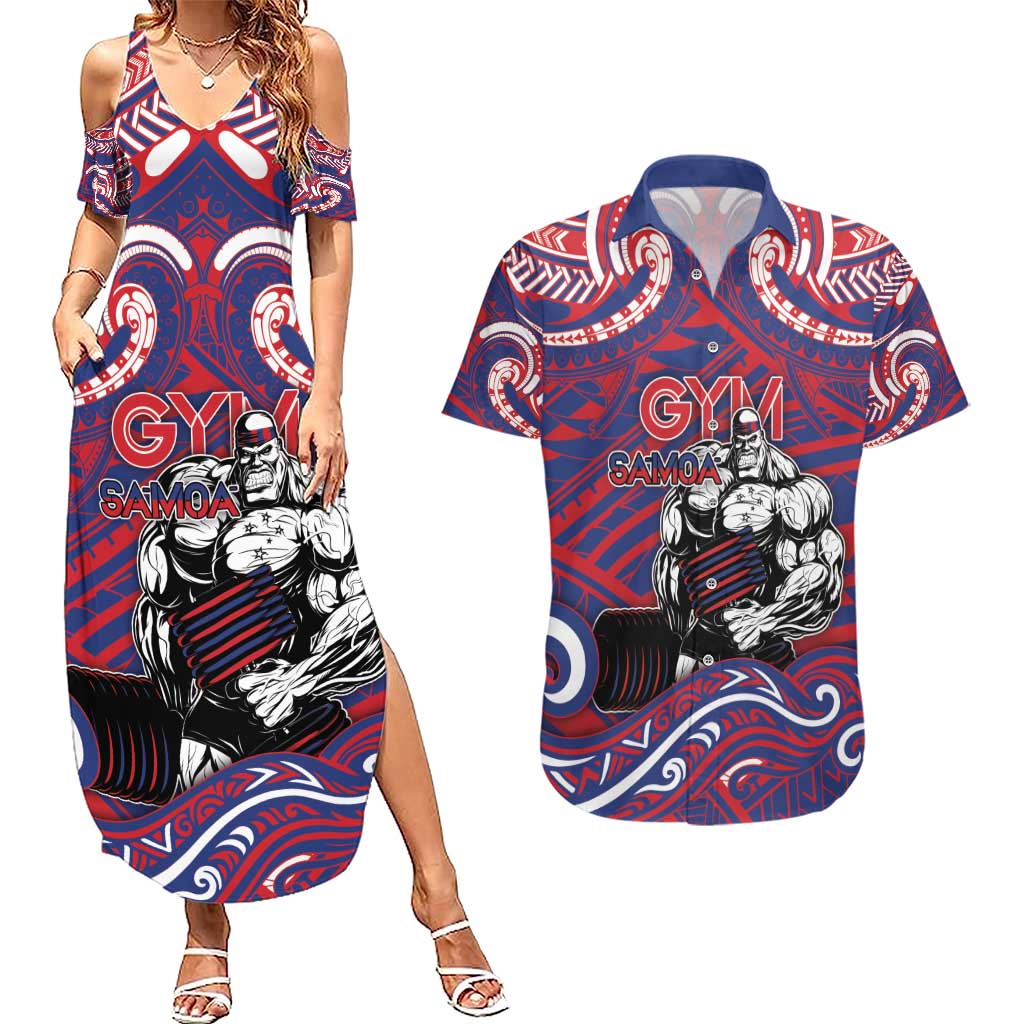 Personalised Samoa Gym Couples Matching Summer Maxi Dress and Hawaiian Shirt Muscle Samoan Tribal Waves DT05 Navy - Polynesian Pride