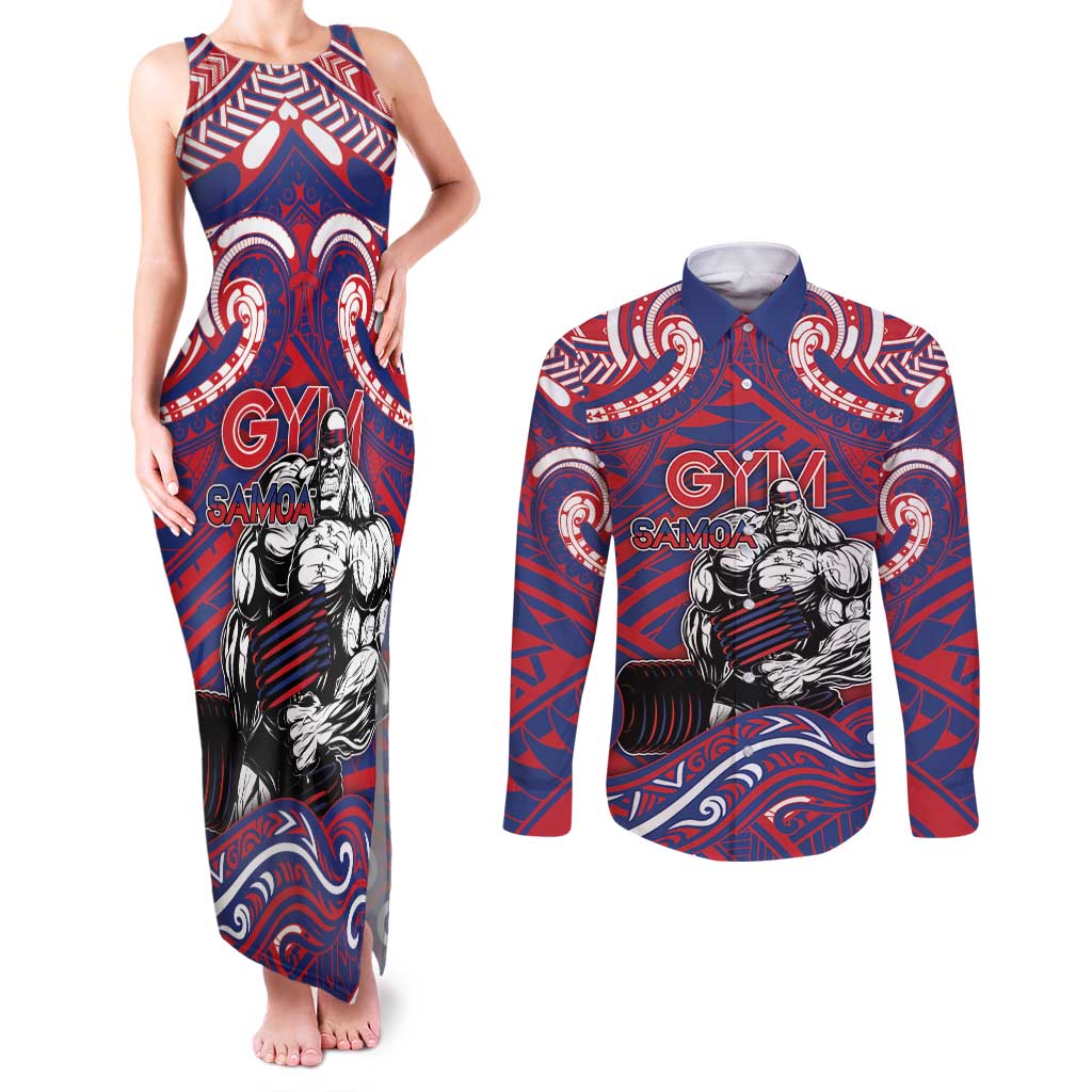 Personalised Samoa Gym Couples Matching Tank Maxi Dress and Long Sleeve Button Shirt Muscle Samoan Tribal Waves DT05 Navy - Polynesian Pride