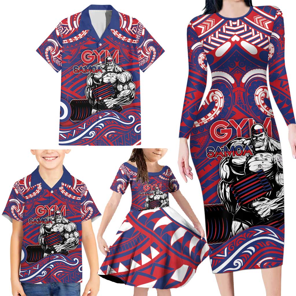 Personalised Samoa Gym Family Matching Long Sleeve Bodycon Dress and Hawaiian Shirt Muscle Samoan Tribal Waves - Polynesian Pride