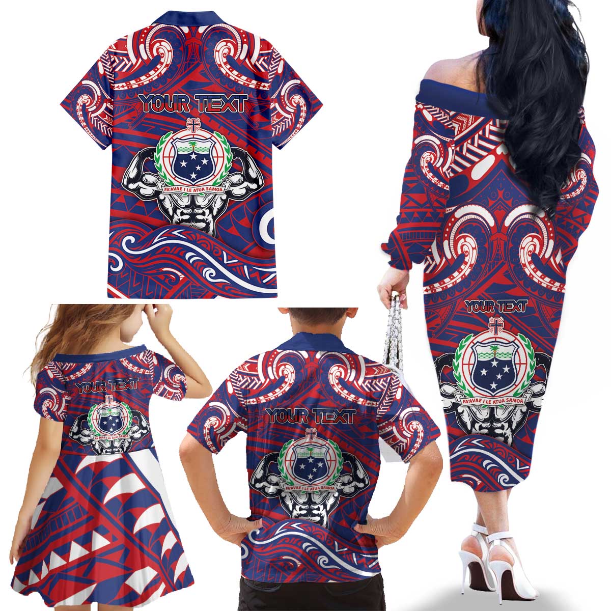 Personalised Samoa Gym Family Matching Off The Shoulder Long Sleeve Dress and Hawaiian Shirt Muscle Samoan Tribal Waves - Polynesian Pride