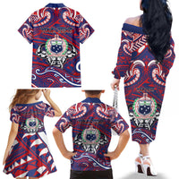 Personalised Samoa Gym Family Matching Off The Shoulder Long Sleeve Dress and Hawaiian Shirt Muscle Samoan Tribal Waves - Polynesian Pride
