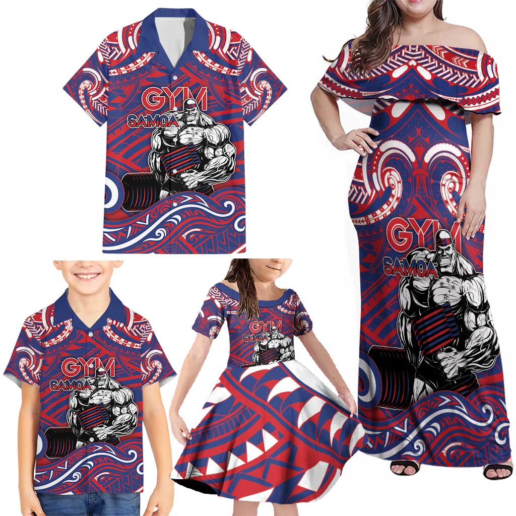 Personalised Samoa Gym Family Matching Off Shoulder Maxi Dress and Hawaiian Shirt Muscle Samoan Tribal Waves - Polynesian Pride