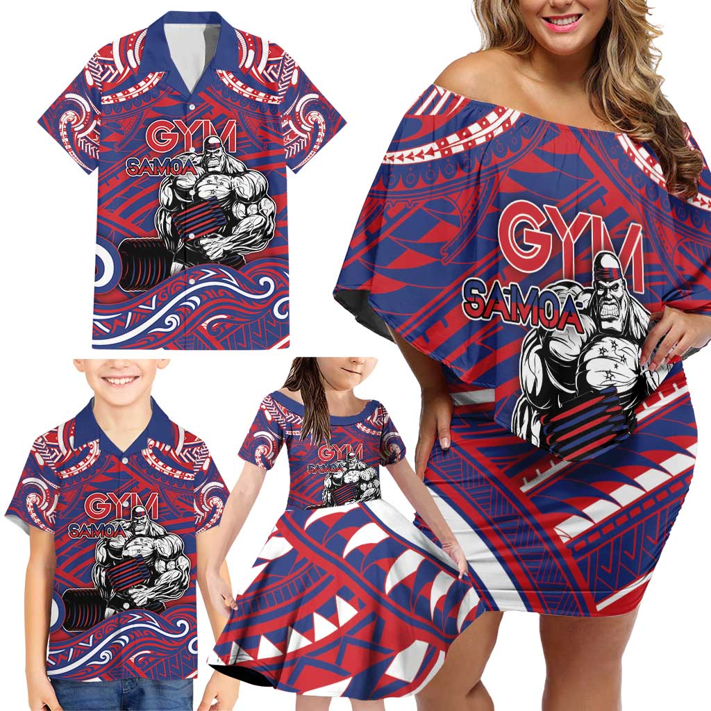 Personalised Samoa Gym Family Matching Off Shoulder Short Dress and Hawaiian Shirt Muscle Samoan Tribal Waves - Polynesian Pride