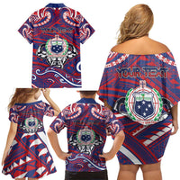 Personalised Samoa Gym Family Matching Off Shoulder Short Dress and Hawaiian Shirt Muscle Samoan Tribal Waves - Polynesian Pride
