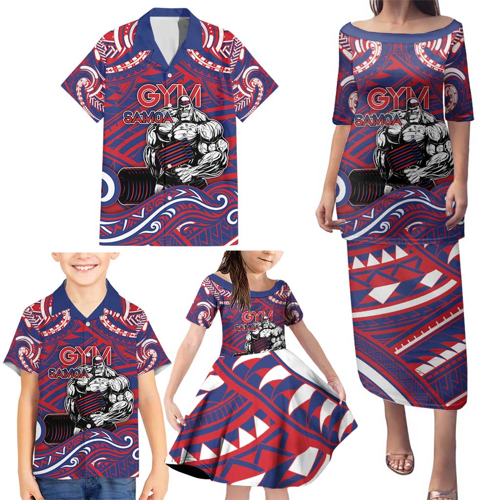 Personalised Samoa Gym Family Matching Puletasi and Hawaiian Shirt Muscle Samoan Tribal Waves - Polynesian Pride