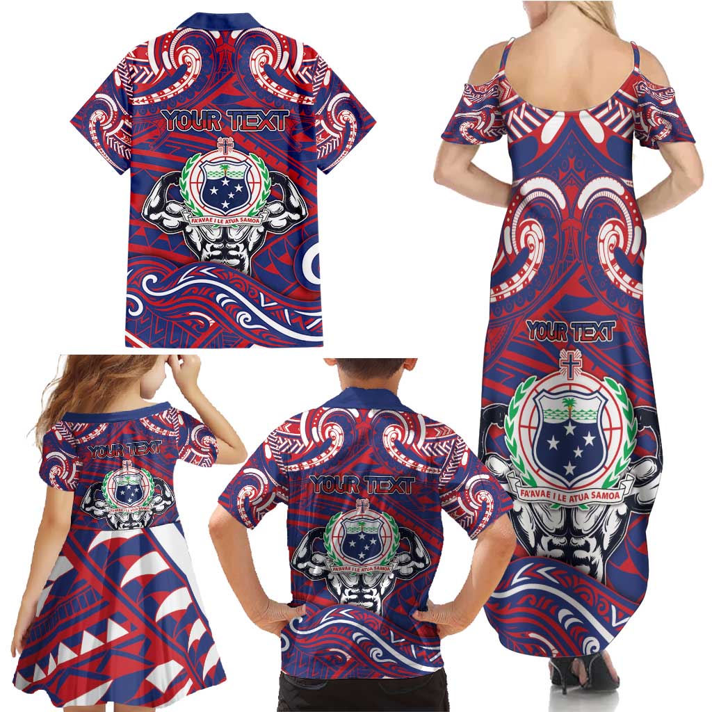 Personalised Samoa Gym Family Matching Summer Maxi Dress and Hawaiian Shirt Muscle Samoan Tribal Waves - Polynesian Pride