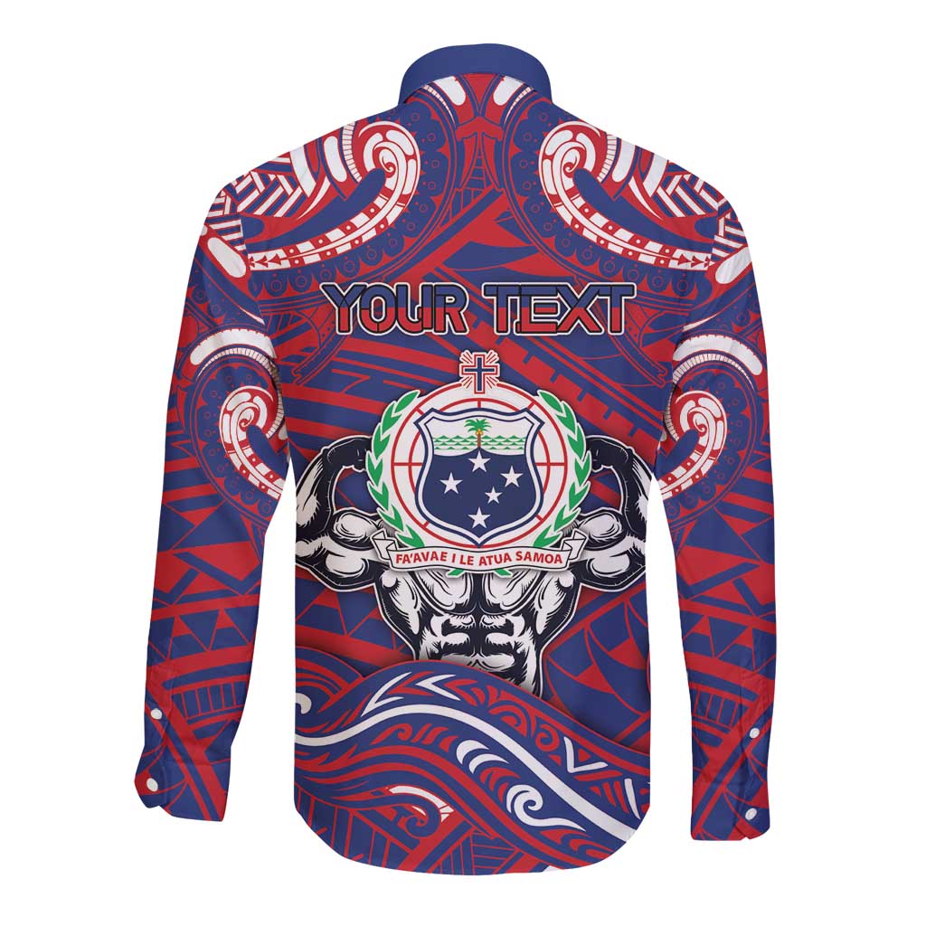 Personalised Samoa Gym Long Sleeve Button Shirt Muscle Samoan Tribal Waves DT05 - Polynesian Pride