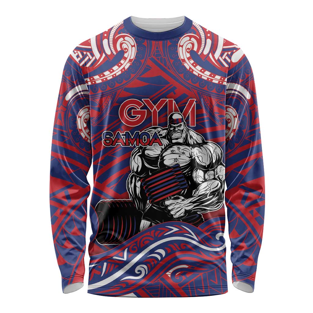 Personalised Samoa Gym Long Sleeve Shirt Muscle Samoan Tribal Waves DT05 Unisex Navy - Polynesian Pride