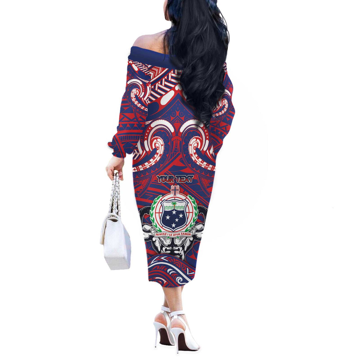 Personalised Samoa Gym Off The Shoulder Long Sleeve Dress Muscle Samoan Tribal Waves DT05 - Polynesian Pride