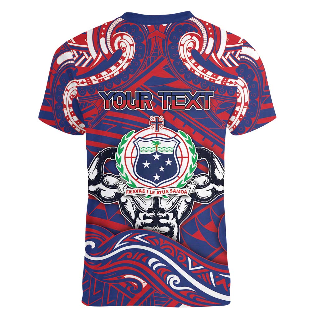 Personalised Samoa Gym Women V-Neck T-Shirt Muscle Samoan Tribal Waves DT05 - Polynesian Pride