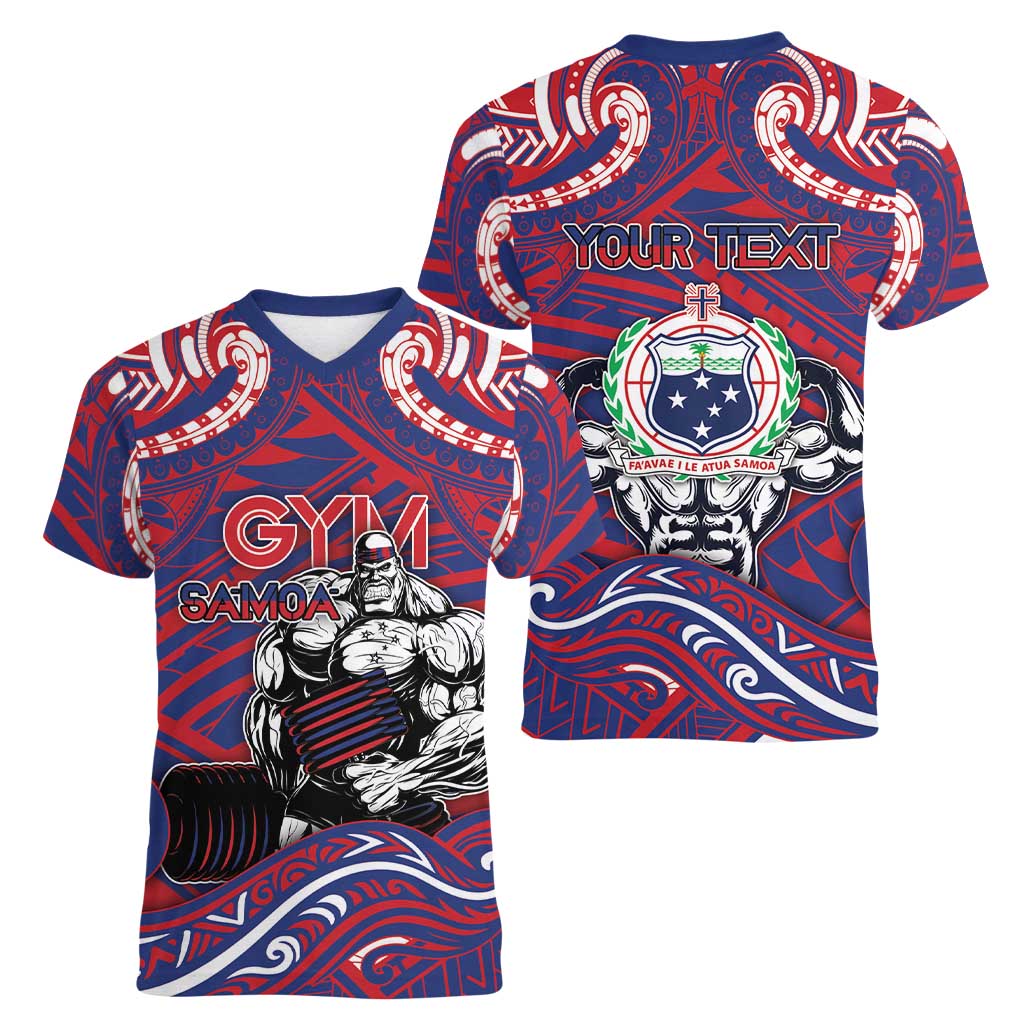 Personalised Samoa Gym Women V-Neck T-Shirt Muscle Samoan Tribal Waves DT05 - Polynesian Pride