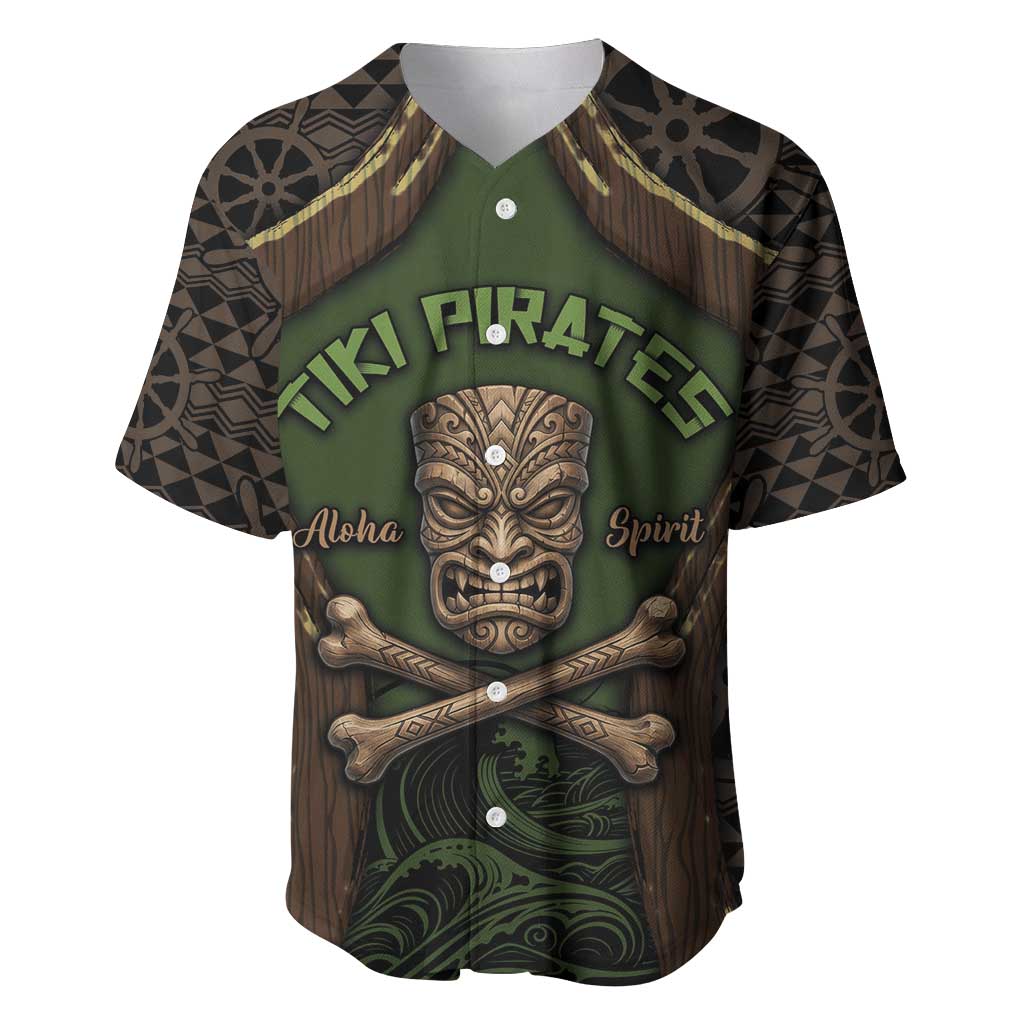 Personalised Hawaii Tiki Pirates Baseball Jersey Kakau Pattern Polynesian Style DT05 Green - Polynesian Pride
