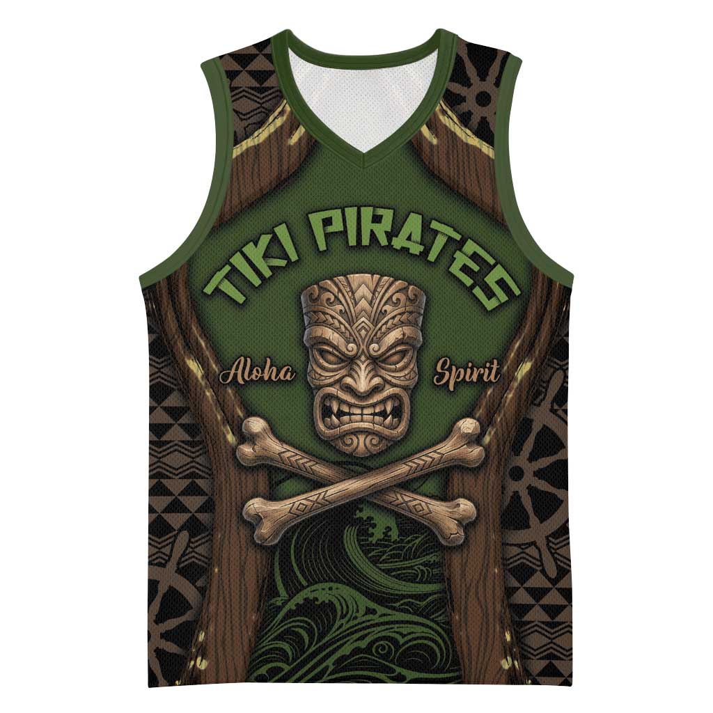 Personalised Hawaii Tiki Pirates Basketball Jersey Kakau Pattern Polynesian Style DT05 Unisex Green - Polynesian Pride