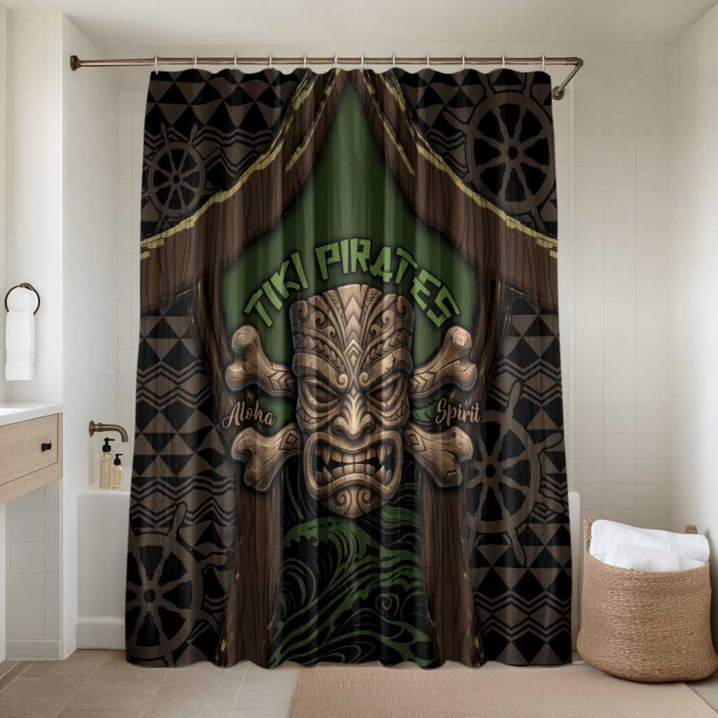 Hawaii Tiki Pirates Bathroom Set Kakau Pattern Polynesian Style DT05 Shower Curtain Only Green - Polynesian Pride
