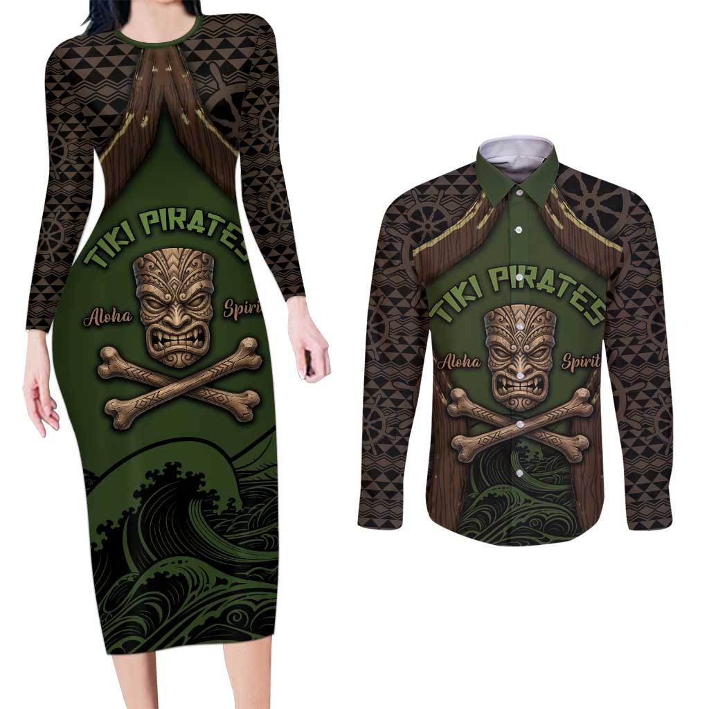 Personalised Hawaii Tiki Pirates Couples Matching Long Sleeve Bodycon Dress and Long Sleeve Button Shirt Kakau Pattern Polynesian Style DT05 Green - Polynesian Pride