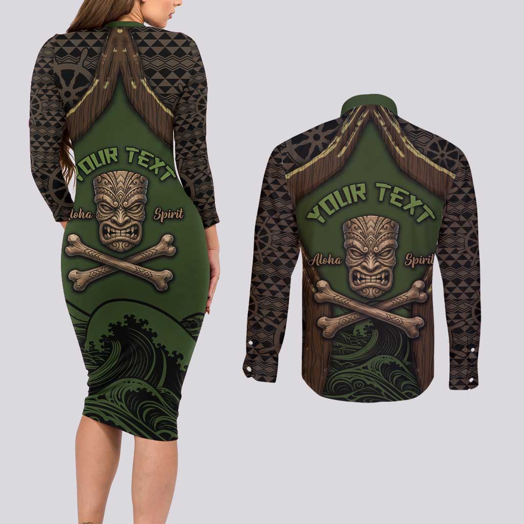 Personalised Hawaii Tiki Pirates Couples Matching Long Sleeve Bodycon Dress and Long Sleeve Button Shirt Kakau Pattern Polynesian Style DT05 - Polynesian Pride