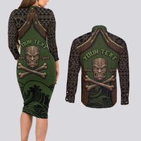 Personalised Hawaii Tiki Pirates Couples Matching Long Sleeve Bodycon Dress and Long Sleeve Button Shirt Kakau Pattern Polynesian Style DT05 - Polynesian Pride