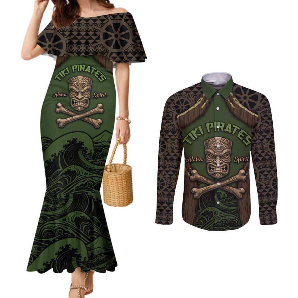 Personalised Hawaii Tiki Pirates Couples Matching Mermaid Dress and Long Sleeve Button Shirt Kakau Pattern Polynesian Style DT05 Green - Polynesian Pride