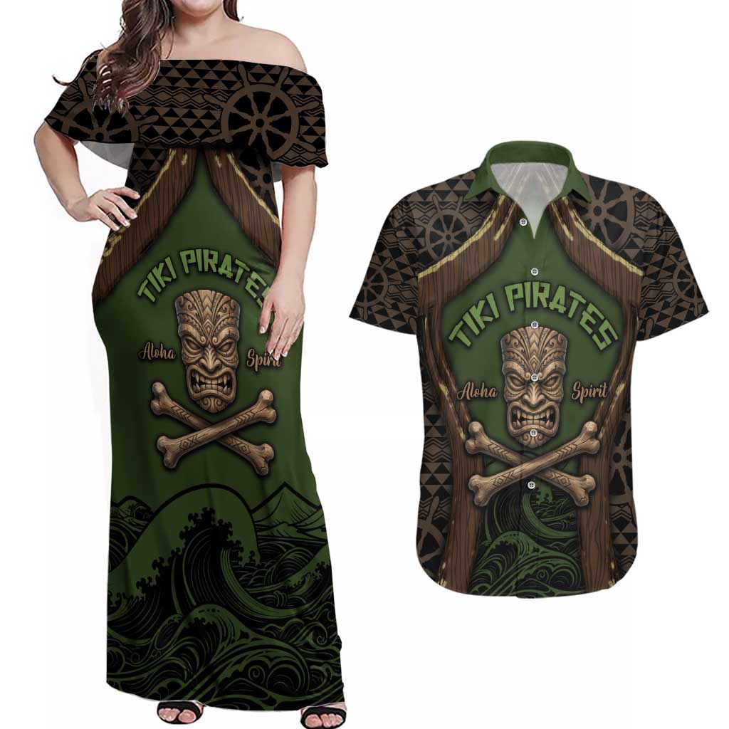Personalised Hawaii Tiki Pirates Couples Matching Off Shoulder Maxi Dress and Hawaiian Shirt Kakau Pattern Polynesian Style DT05 Green - Polynesian Pride