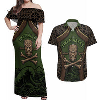 Personalised Hawaii Tiki Pirates Couples Matching Off Shoulder Maxi Dress and Hawaiian Shirt Kakau Pattern Polynesian Style DT05 Green - Polynesian Pride