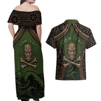 Personalised Hawaii Tiki Pirates Couples Matching Off Shoulder Maxi Dress and Hawaiian Shirt Kakau Pattern Polynesian Style DT05 - Polynesian Pride