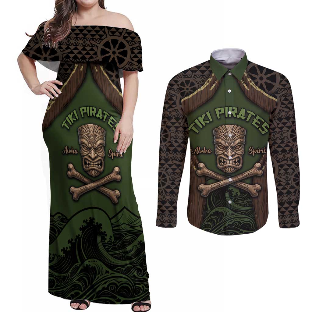 Personalised Hawaii Tiki Pirates Couples Matching Off Shoulder Maxi Dress and Long Sleeve Button Shirt Kakau Pattern Polynesian Style DT05 Green - Polynesian Pride