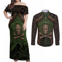 Personalised Hawaii Tiki Pirates Couples Matching Off Shoulder Maxi Dress and Long Sleeve Button Shirt Kakau Pattern Polynesian Style DT05 Green - Polynesian Pride