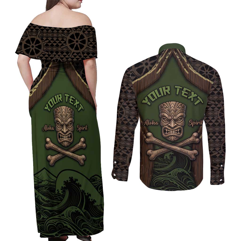 Personalised Hawaii Tiki Pirates Couples Matching Off Shoulder Maxi Dress and Long Sleeve Button Shirt Kakau Pattern Polynesian Style DT05 - Polynesian Pride