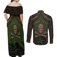 Personalised Hawaii Tiki Pirates Couples Matching Off Shoulder Maxi Dress and Long Sleeve Button Shirt Kakau Pattern Polynesian Style DT05 - Polynesian Pride