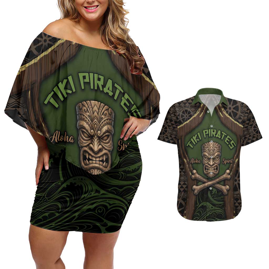 Personalised Hawaii Tiki Pirates Couples Matching Off Shoulder Short Dress and Hawaiian Shirt Kakau Pattern Polynesian Style DT05 Green - Polynesian Pride