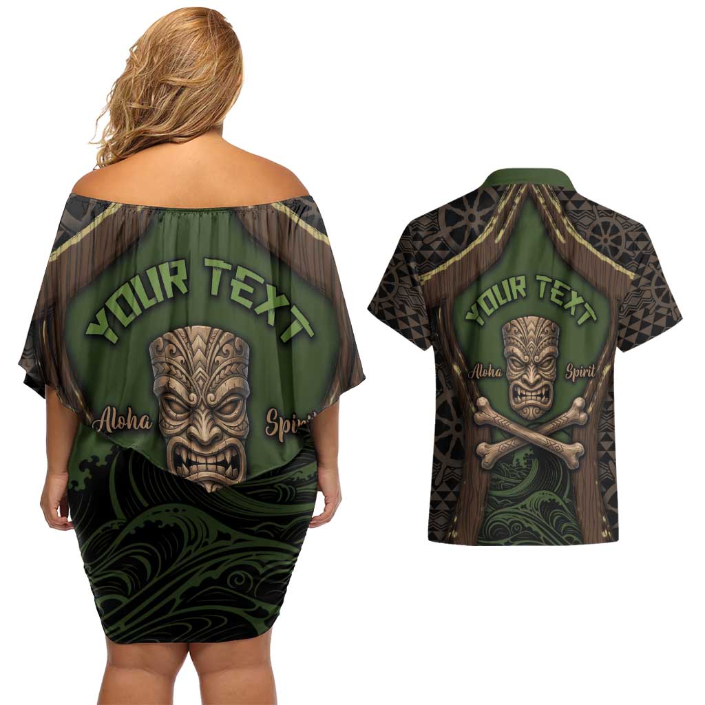 Personalised Hawaii Tiki Pirates Couples Matching Off Shoulder Short Dress and Hawaiian Shirt Kakau Pattern Polynesian Style DT05 - Polynesian Pride
