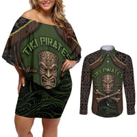 Personalised Hawaii Tiki Pirates Couples Matching Off Shoulder Short Dress and Long Sleeve Button Shirt Kakau Pattern Polynesian Style DT05 Green - Polynesian Pride