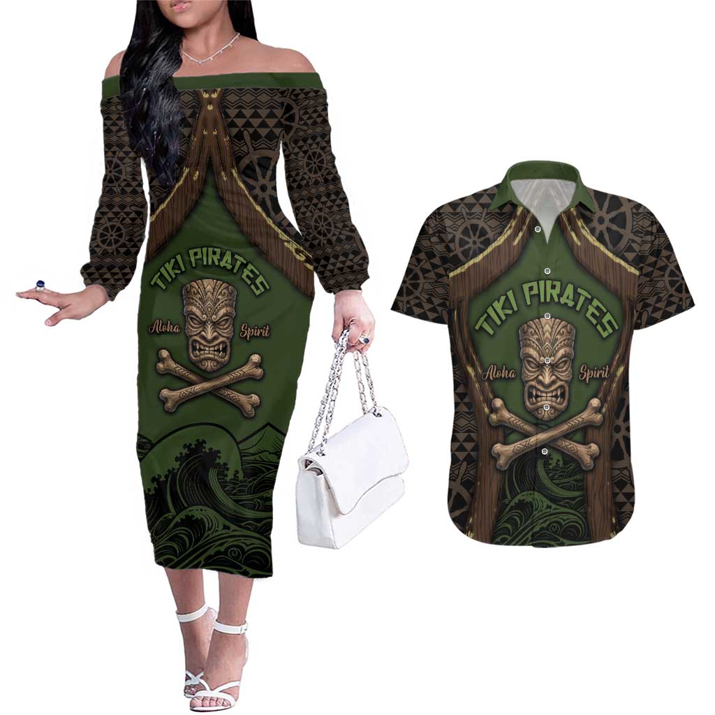 Personalised Hawaii Tiki Pirates Couples Matching Off The Shoulder Long Sleeve Dress and Hawaiian Shirt Kakau Pattern Polynesian Style DT05 Green - Polynesian Pride